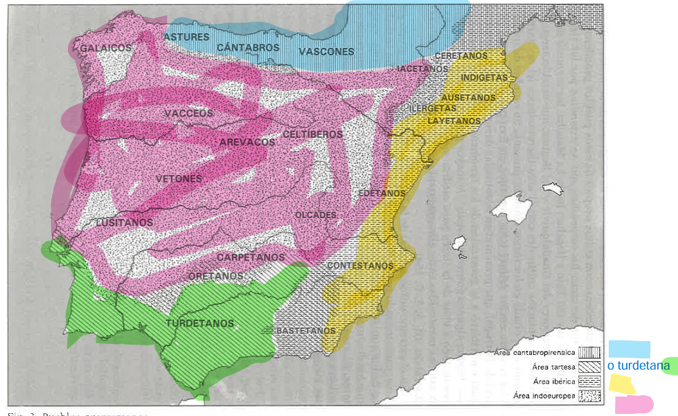 <p>4 zonas étnicas pero solo influencia de 3 sustratos (no se conoce infl. del área tartesa)</p><ul><li><p><strong>Ibérica</strong>: Franja costera mediterránea, Andalucía oriental hasta Pirineo</p></li><li><p><strong>Indoeuropea</strong>: zona central y occidental de la península</p></li><li><p><strong>Cántabro-pirenaica</strong>: Norte peninsular, cordillera Cantábrica hasta los Pirineos</p></li><li><p><strong>Tartesa (o tudetana)</strong>: Sur peninsular, valle Guadalquivir y sur de Portugal</p></li></ul><p></p><p>Se da en la pen. un periodo de bilingüismo +o- prolongado, pero pronto las lenguas ibéricas desaparecen como sistema. Los restos se llaman SUSTRATO prerromano→ elementos que quedan de las lenguas nativas/autóctonas en la lengua colonizadora</p><p>Mayor bilingüismo (+ larga romanización, + contacto) → mayor intensidad del sustrato</p>