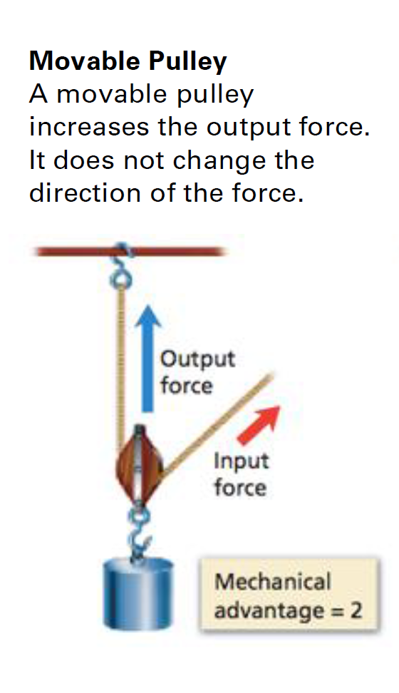 <p>it increases the output force and does not change the direction of the force (MA usually 2) </p>