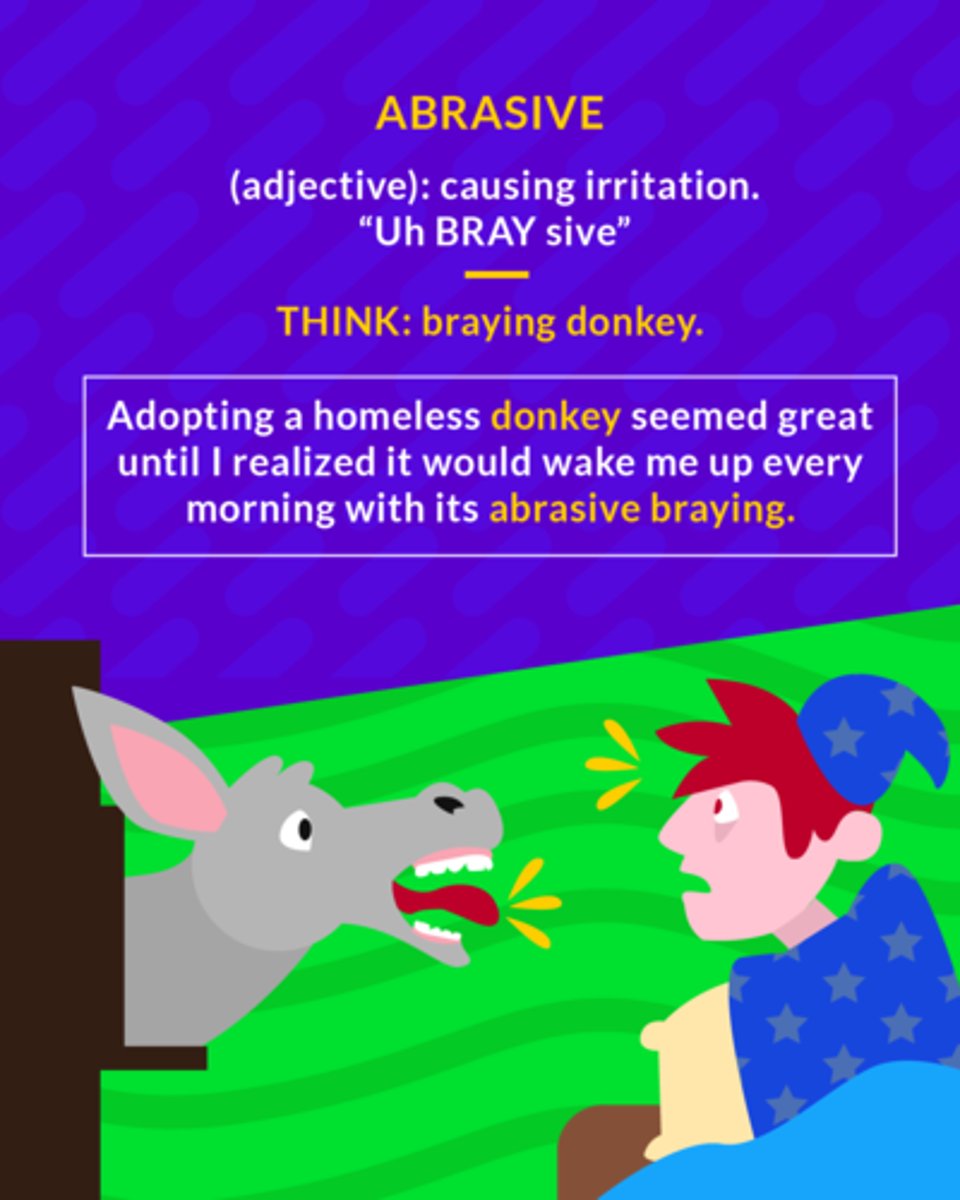 <ol><li><p>(adj.) overly aggressive and causing irritation</p></li><li><p>(adj.) <span>rough enough to wear away the outer surface</span></p></li></ol><p></p>