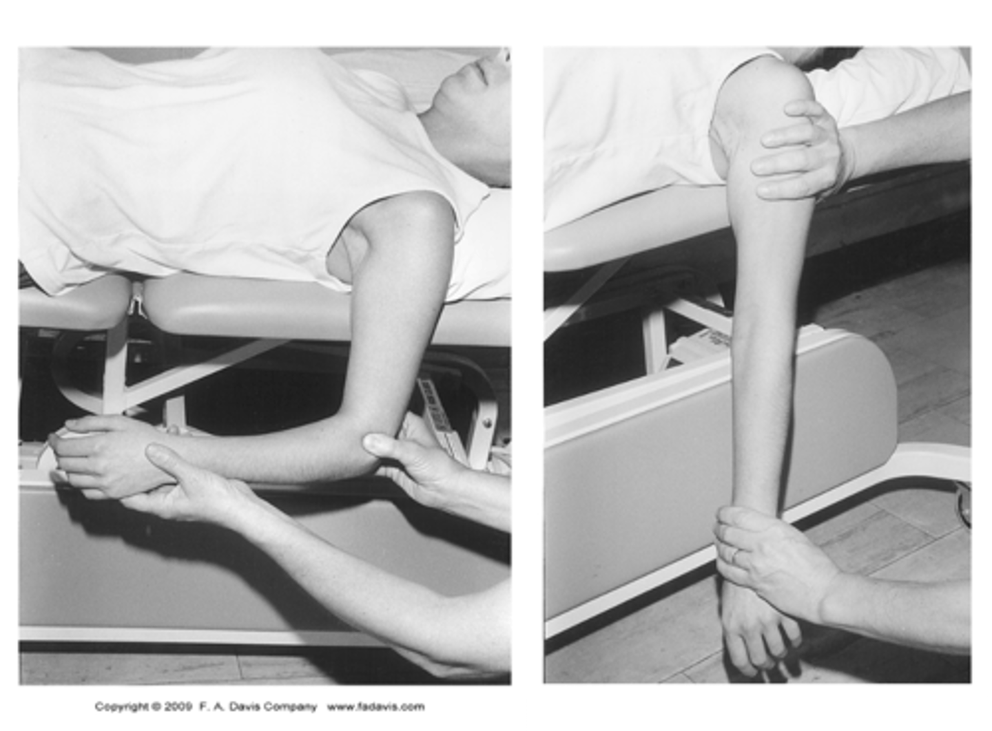 <p>fulcrum: lateral epicondyle<br>proximal: lateral midline of humerus (acromion process for reference)<br>distal: lateral midline of ulna (ulnar styloid process for reference)<br><br>* supine<br>* body close to edge to allow full ROM<br>* TOWEL UNDER ELBOW!!!!!!!!!!<br>* end feel is FIRM because of tension on biceps<br>* If biceps is SHORT = limit elbow extension<br><br>* COMPARE TO ELBOW EXTENSION (supine)</p>