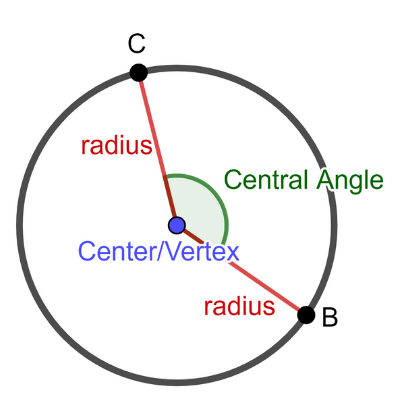 <p>An angle made up of two radius on the circle’s circumference with its vertex at the circle’s center. The measure of the central angle is equal to the measure of its arc.</p>