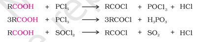 <ul><li><p>Like alcohols, hydroxyl group is replaced with Cl using reagents like PCl5, PCl3, SOCl2</p></li><li><p>SOCl2 is the preferred reagent because the other two products obtained are gaseous giving easy purification</p></li></ul>