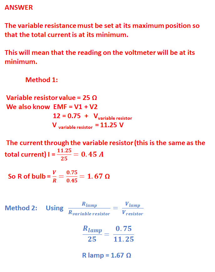 <p><strong><u><span>EXAMINAR REPORT</span></u></strong></p><p><strong><span>Just over 20% of students were able to obtain both marks by being able to extract pertinent information from the question. Many students assumed that the 12 V was across the 25 Ω resistor; on this occasion these students obtained one mark for use of </span><em><span>V</span></em><span> = </span><em><span>IR</span></em><span>.</span></strong></p>