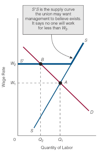 <p><span>The process whereby wage rates and other issues are determined by a union bargaining with management on behalf of all union members.</span></p><p><span>(Explaination of graph: We start at a wage rate of W1. The union’s objective is to increase the wage rate to W2. Such a wage rate means that the union holds that the new supply curve of labor is S’S—the heavy supply curve. To convince management that the new supply curve looks as the union says it does, the union will have to either threaten a strike or call one. We assume that the union is successful at raising the wage rate to W2. As a consequence, the quantity of labor employed is less than it would have been at W1.)</span></p>