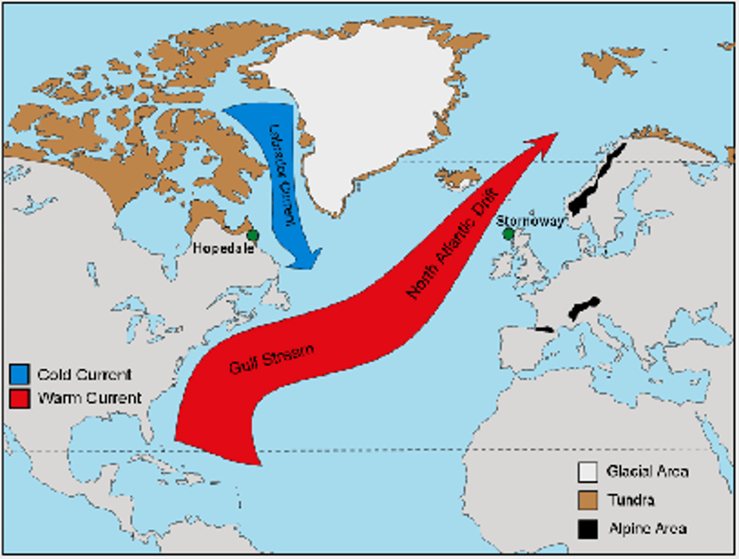 <p>a WARM ocean current that flows from the Gulf of Mexico, across the Atlantic Ocean (near Virginia) to Europe</p>