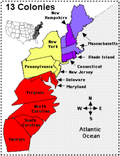 <p>Delaware, Pennsylvania, New Jersey, Georgia, Connecticut, Massachusetts Bay, Maryland, South Carolina, New Hampshire, Virginia, New York, North Carolina, and Rhode Island</p>