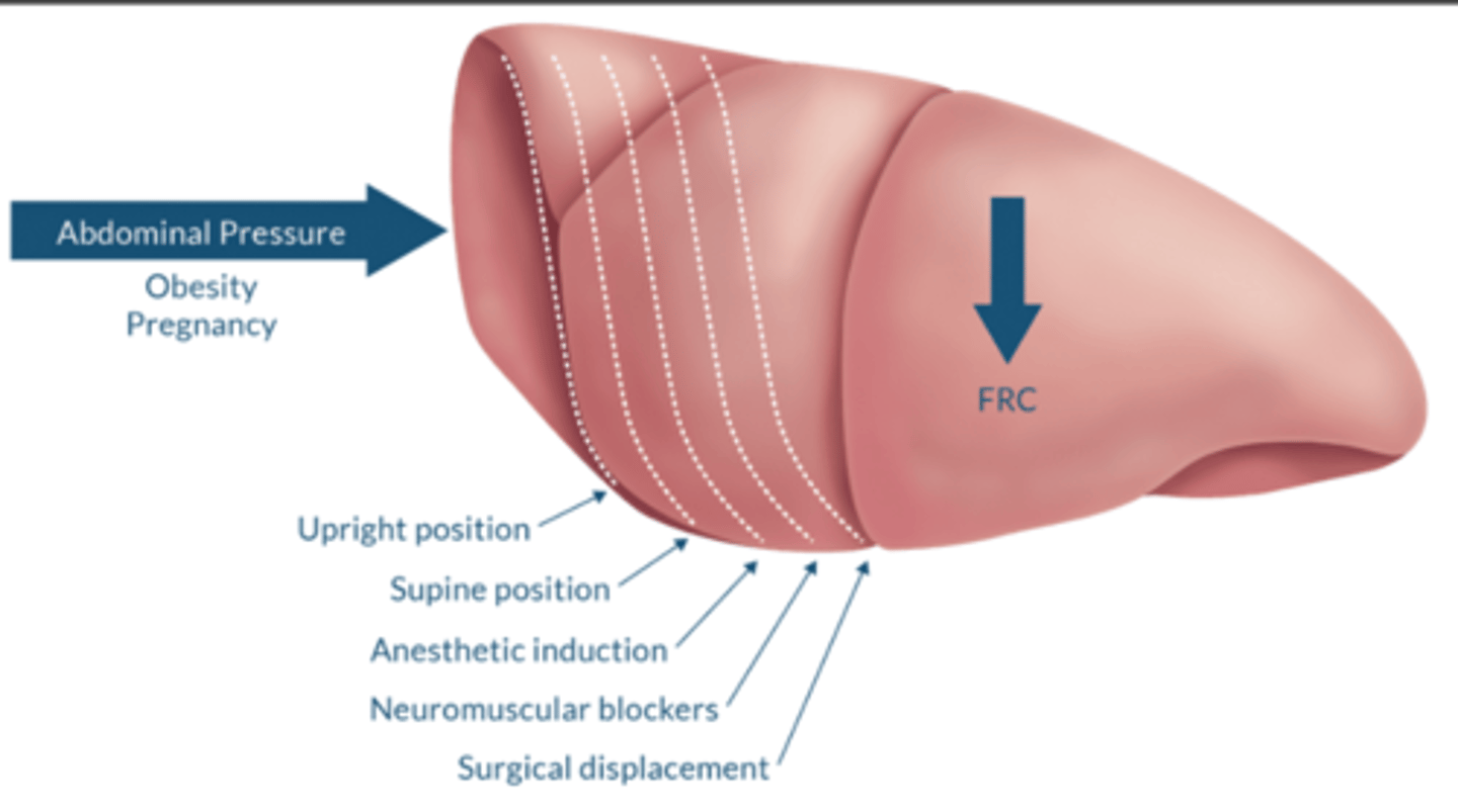 <p>↓ FRC→ ↑ intrapulmonary shunt (zone 3). PEEP acts to restore FRC by ↓ zone 3. </p><p>↑ FRC: COPD or any condition that causes air-trapping </p><p>↓ FRC: obesity, pregnancy, supine position, anesthetic induction, NMB, surgical displacement</p><p>-↓ lung expansion or compliance</p>