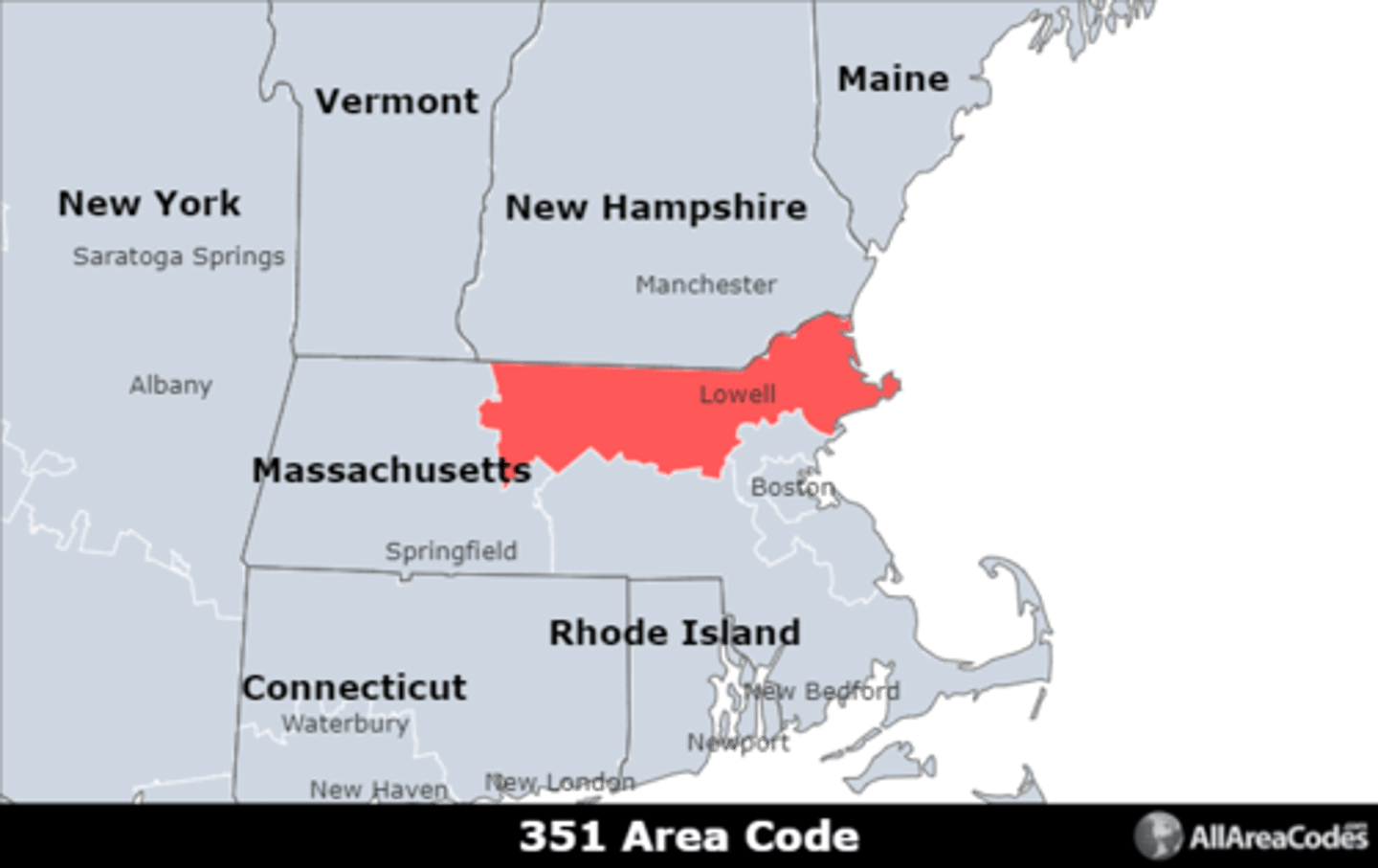 <p>Area code 351 is located in northeastern Massachusetts and covers Lowell, Lawrence, Haverhill, and Peabody. It is an overlay for area code 978 and serves the same area.</p>