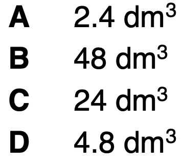 <p>What volume of gaseous product at RTP is formed when 4.00g of hydrogen gas, also at RTP, is burnt in pure oxygen?</p>
