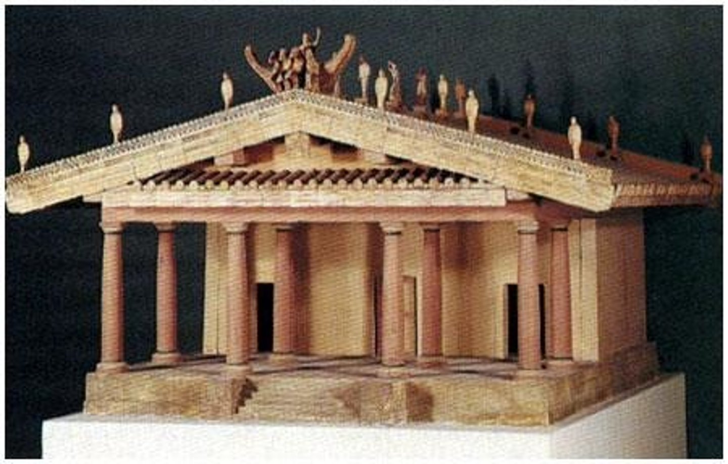 <p>Etruscan, 510-500 BCE, wood, mud brick, tufa, terracotta. Frontality and lively sculpture.</p>