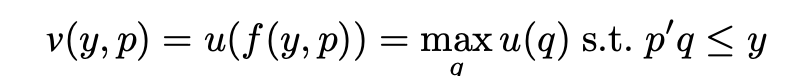 <p>sub in <strong>marshallian demands</strong> into utility function</p><p>v(y,p) - now spits out a utility (this is the same utility from the expenditure MINIMISATION)</p><p>note that the Hicksian evaluated at the indirect utility bundle is equal the Marshallian demand g(v(y,p),p) = f(y,p)</p><p>homogenous <strong>degree zero in prices and income</strong></p>