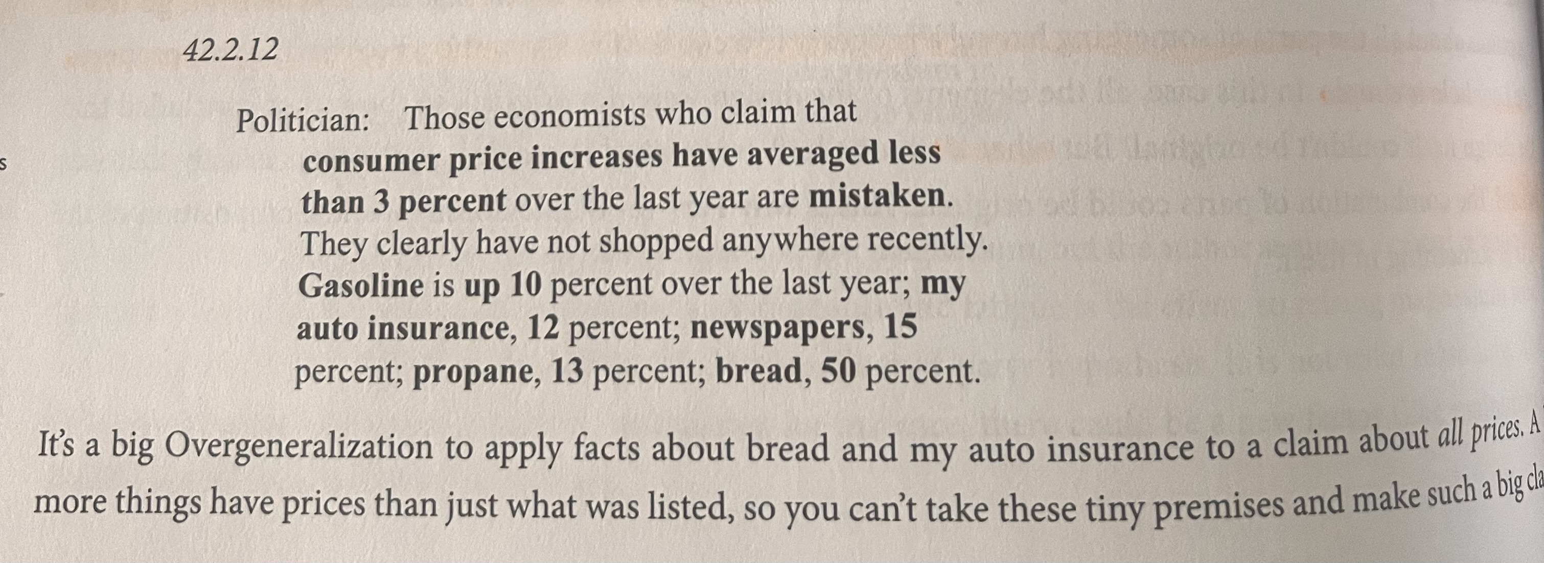 <p>Loophole- What if we can’t generalize from this one thing to a bunch of other things?</p><ol><li><p>Crazy person talks about something having a property. 2. Crazy person concludes that a bunch of other things also have that property. </p></li></ol><p></p>
