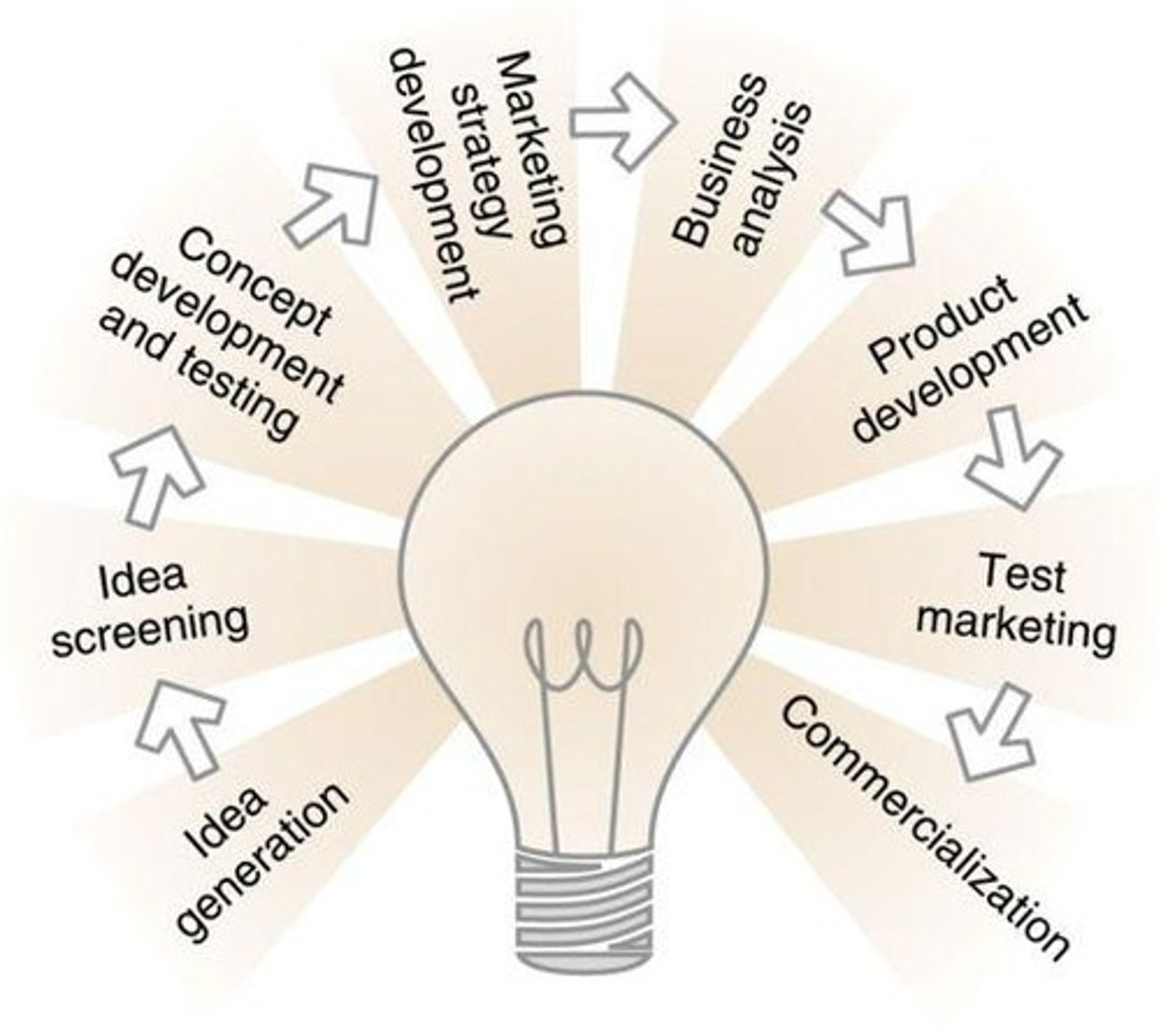 <p>Idea generation</p><p>Idea Screening</p><p>Concept Development</p><p>Concept Testing</p><p>Marketing Strategy Development</p><p>Business Analysis</p><p>Product Development</p><p>Test Marketing</p><p>Commercialization</p><p>*Having skill sets for one point in the process does not mean you're also good at the others.</p>