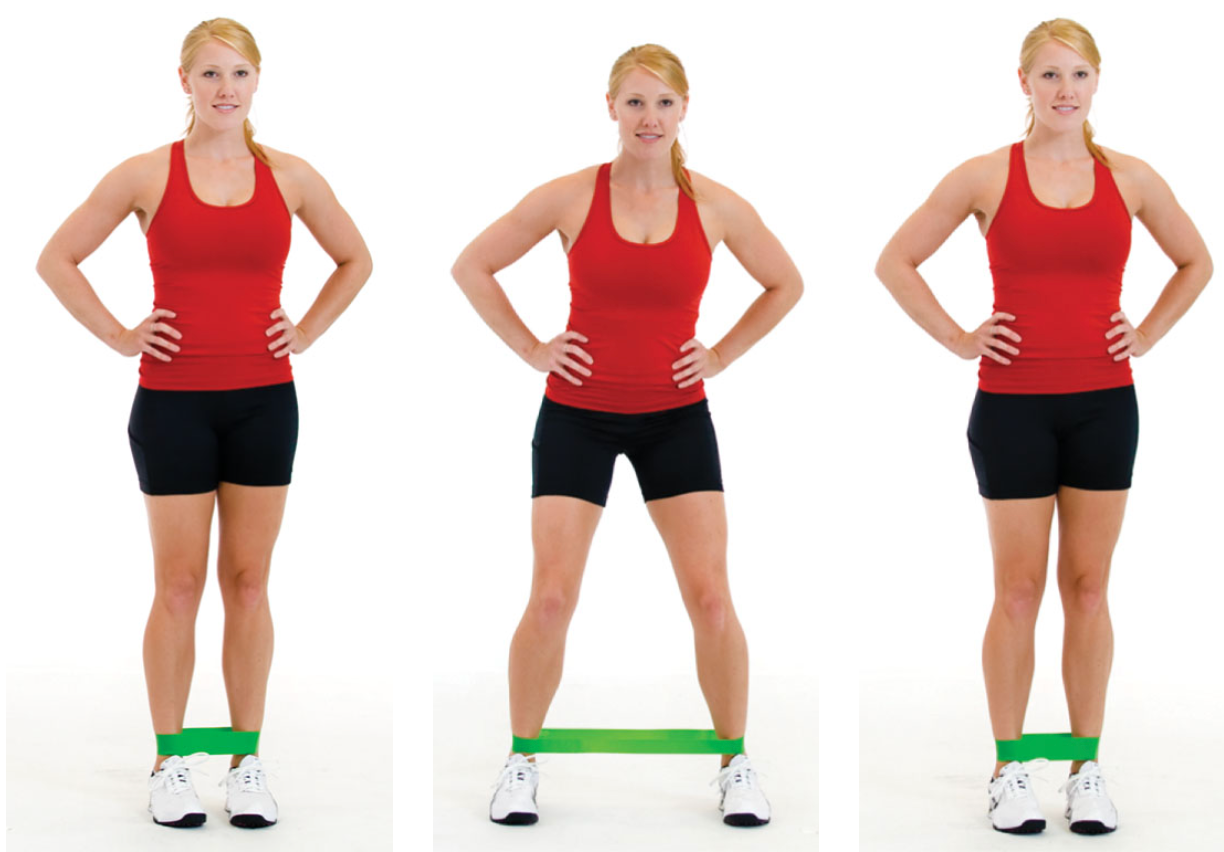 place elastic tubing around the knees, maintain a quarter squat position, and sidestep for the desired number of repetitions in each direction

make sure the knees are tracking in line with the second and third toes

do not allow the knees to cave inward

this exercise primarily targets the hip abductors, such as the gluteus medius

the band can also be placed around the ankles (as shown) as a progression to this exercise