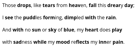 line in poetry with six groups of (stressed syllable, unstressed syllable). (ex: sandra m. haight - "the pain of rain" [see photo]) 