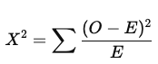 <p><strong>O</strong> = observed frequency</p><p><strong>E</strong> = expected frequency</p><ul><li><p>Larger X² values correspond to lower probability of H₀ being true</p><p></p></li></ul><p><strong>Degrees of freedom</strong>: df = (r−1)(c−1)</p><ul><li><p><strong>r</strong> = number of rows, <strong>c</strong> = number of columns in contingency table</p><ul><li><p><span>the number of levels in both categorical variables</span></p></li></ul></li></ul><p>*exact rejection region depends on degrees of freedom</p>