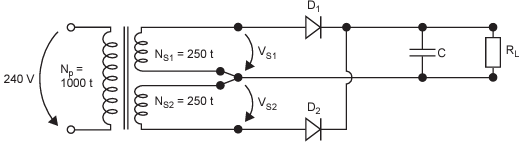 <ol><li><p>What is this and how is it different from a full bridge rectifier</p></li><li><p>What does the middle wire that splits the turns do?</p></li><li><p>How do you count the turns for the transformer?</p></li></ol><p></p>