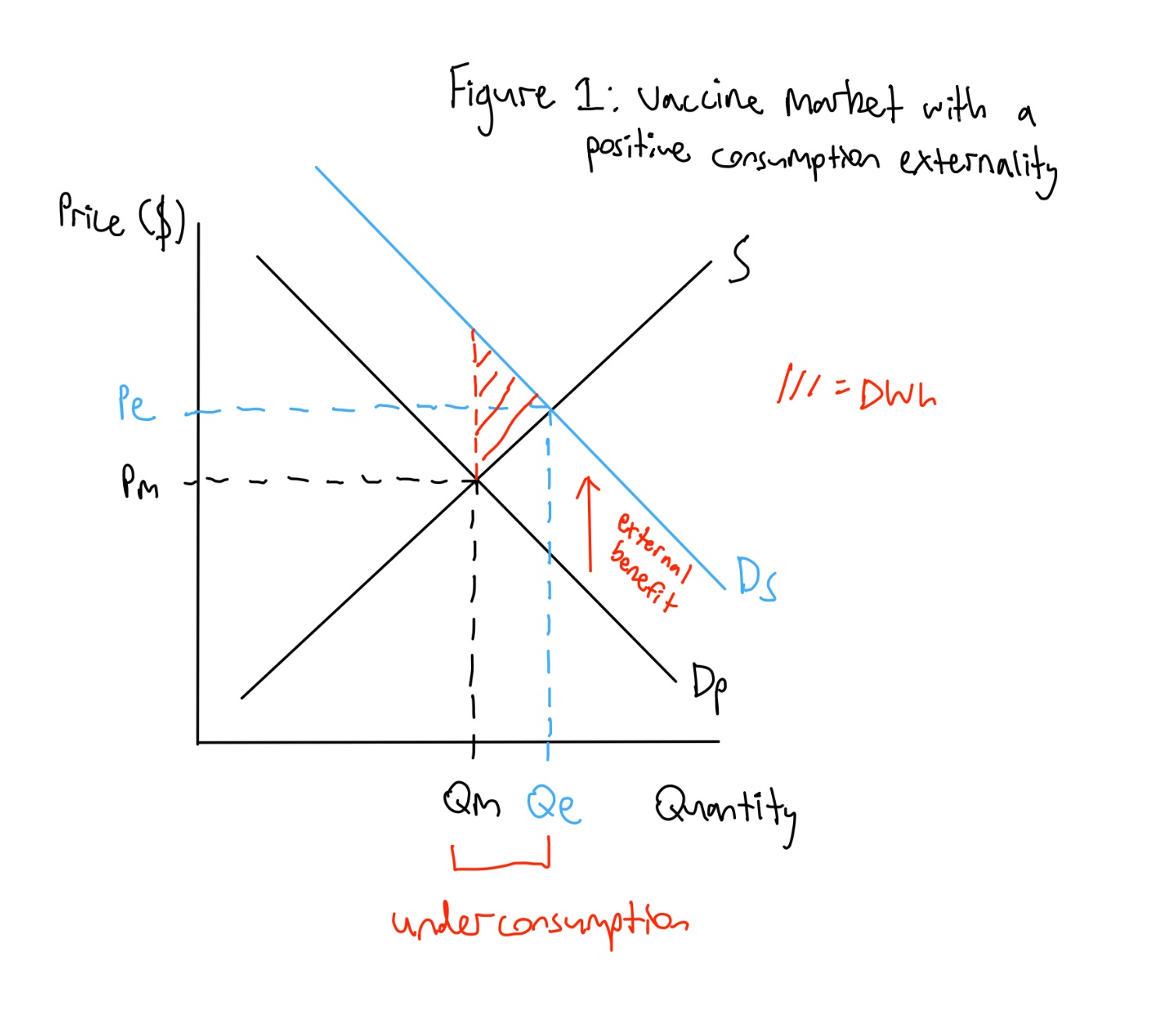 <p>. in the market, people are consuming Covid-19 vaccines</p><p>. The market is reflecting only the private benefit of consumption (Dp) or what is benefitting the individual to consume the product</p><p>. Therefore the market is functioning at Dp, S, at points Pm and Qm, as seen in figure 1</p><p>. Hence the current market doesn’t account for the external benefits as a result of the consumption of vaccines such as herd immunity </p><p>. The actual efficient output (no DWL) needs to consider all benefits of consumption (both private and external), known as the social benefit (Ds: Ds=private benefit + external benefit) </p><p>. Thus the efficient equilibrium point is Pe and Qe, and as a result of the market not being at this efficient point, there’s DWL (avoidable loss in potential total surplus) due to underconsumption of vaccines in market, equal to Qe-Qm. </p>