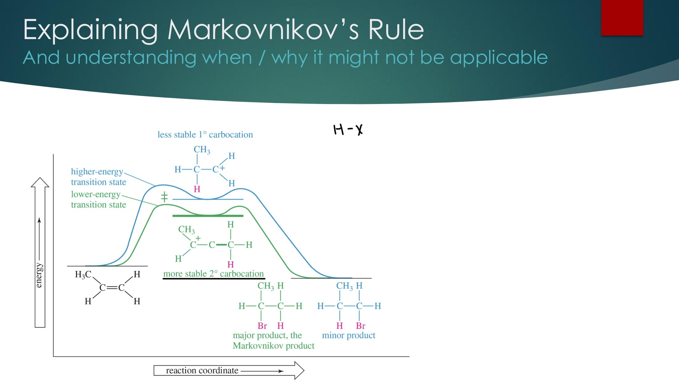 <p>In the addition of an acidic proton to an alkene, the proton will add to the alkene carbon that is bonded to the most H atoms</p><p>Another way to phrase it… when we have H-Y, H on the least substituted alkene C and&nbsp;“Y” on the most substituted alkene carbon.&nbsp;</p><p>We can justify this using Hammond’s postulate where a more stable carbocation lowers the activation energy and makes it faster.&nbsp;</p>