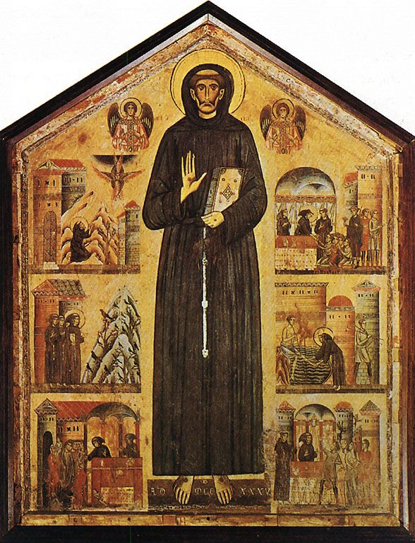 <p>Made by <strong><mark data-color="yellow" style="background-color: yellow; color: inherit;"><span>Berlinghieri</span></mark><span>. It was made to show his fans St Francis’ divinity and connection to religion, not realistic. Appears like a spirit, golden, elongated, with stigmatas on his feet/hands. Medium: </span></strong><span style="background-color: transparent;"><strong><span>Was a wood panel, where the paint was Tempera with golden leaves added.</span></strong></span></p><p></p>