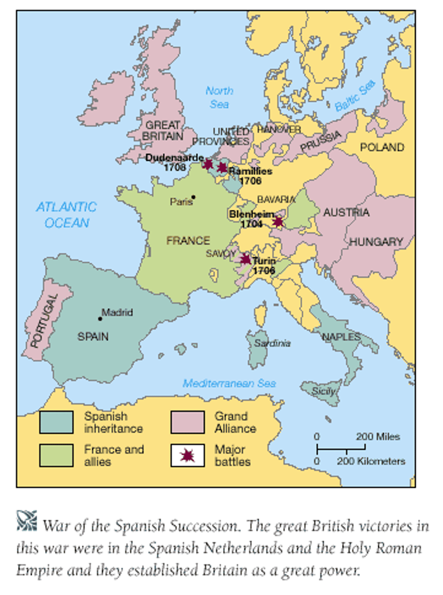 <p>a conflict, lasting from 1701 to 1713, in which a number of European states fought to prevent the Bourbon family from controlling Spain as well as France.</p>