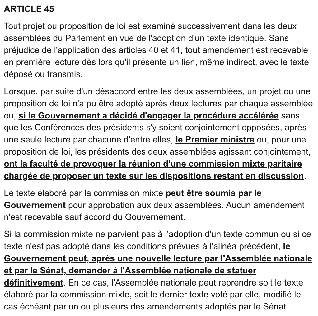 <p>La procédure législative (article actuel, mais peu de changements par rapport à l’originel sur ce qui nous intéresse ici)</p><p>Gouvernement décide de la procédure accélérée, de la CMP, etc. (voir + tard)</p>