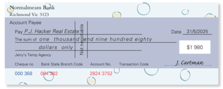 <p>A document informing the bank, the drawee, to transfer funds from the account of the drawer to the bank and account of the payee. The drawer actually hands the cheque to the payee, who then presents it at their own bank. It is a sensible business practice to nominate the payee and cross it not negotiable. A cheque that is marked ‘Not negotiable’ can only be deposited into the account of the nominated payee.</p>