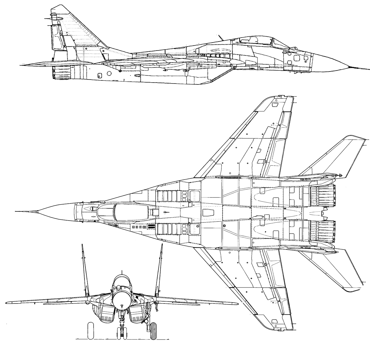 <p>FULCRUM, MiG-29, МиГ-29, (Grills on dorsal wing roots, Large wing roots, IRST forward of canopy)</p>