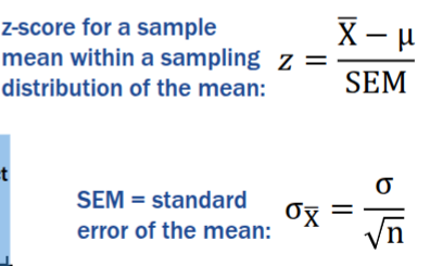 <ul><li><p>The appropriate inferential statistic to compare a sample mean to a given population mean is a one-sample z-test</p></li><li><p>z tests are difficult to use because we rarely know μ in actual research samples!</p></li><li><p>Since positive 1.96 z-score and negative 1.96 z-score add up to 95%, any z-score that is greater than + or - 1.96, is less than 5% making it statistically significant </p></li></ul><p></p>