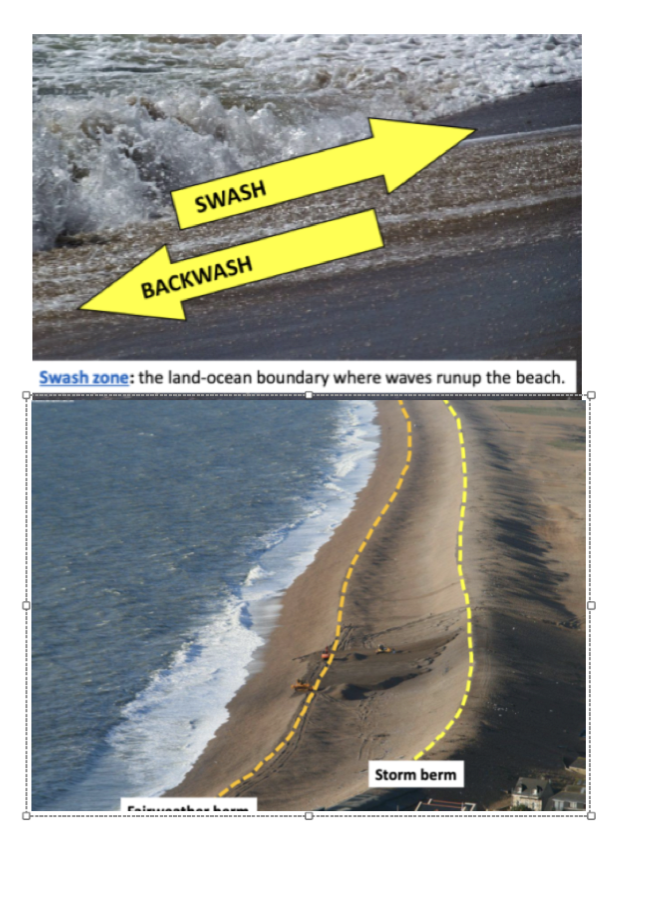 swash= onshore flow, Waves have broken, smaller. Pushing sand grains up with it

Backwash= offshore flow

berm= Flat area, limit of where waves are rushing up and down the beach face, form due to the deposition of material by waves

\
 