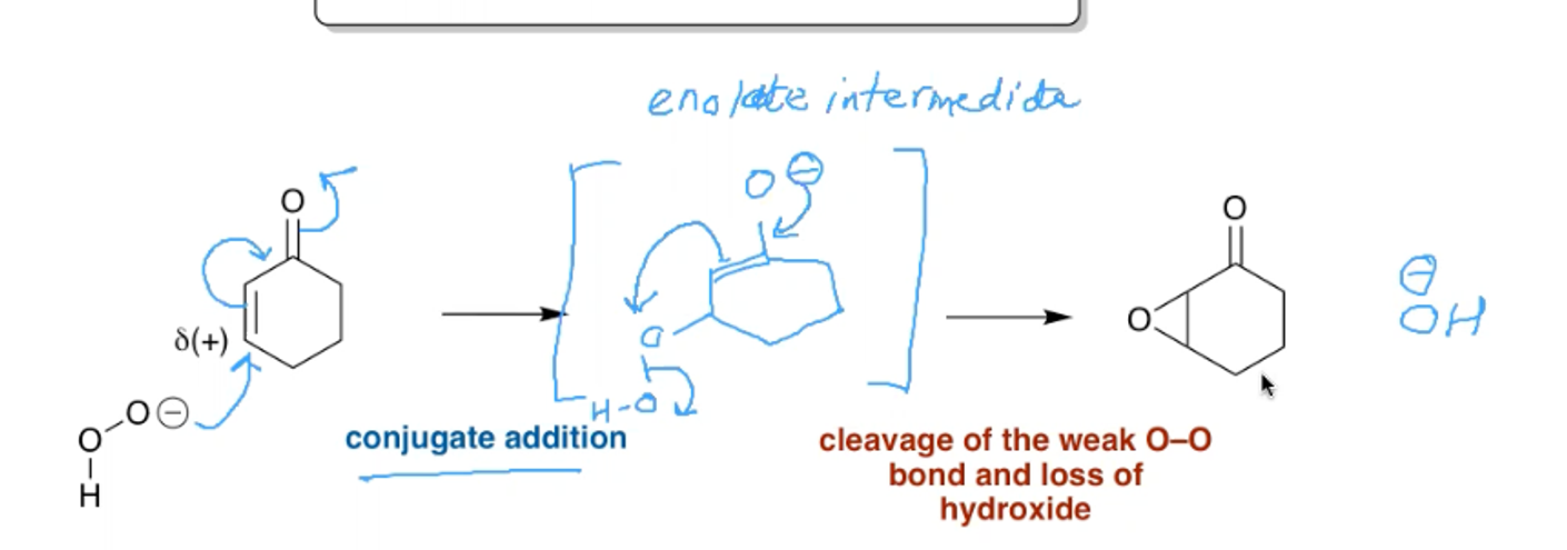 <p>This mechanism is needed for electron poor alkenes.</p><p>You would use hydrogen peroxide and a base as the nucleophile. </p><p>In the mechanism outlined above the nucleophile could also attack the carbonyl carbon. </p>