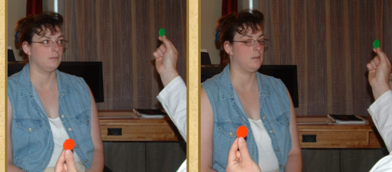 <p>16” from pt, 4” either side of midline (8” apart)</p><p>5 round trips/10 fixations</p><p>Other options – 2 pens, 2 penlights</p><p></p>