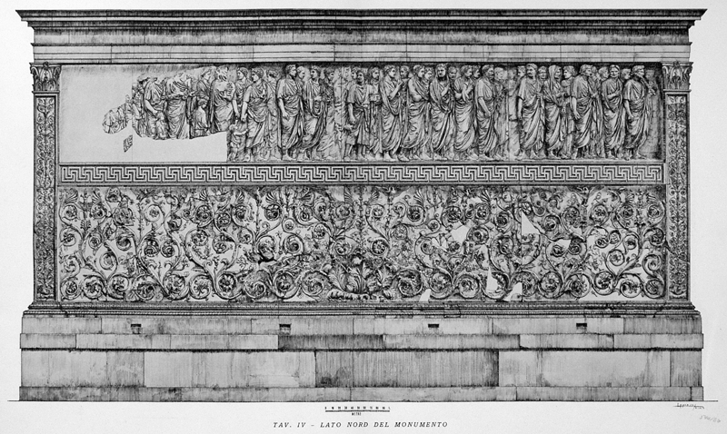 <ul><li><p><span>A line of figures participating in a religious procession, likely for the altar’s consecration</span></p></li><li><p><span>Figures are dressed in togas and include rome’s political and religious elites</span></p></li><li><p><span>Children appear alongside adults → reinforce Augustus push for family values</span></p></li></ul><p></p>