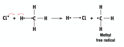 <p>a Cl atom attacks a methane molecule to form hydrogen chloride and a methyl free radical</p>