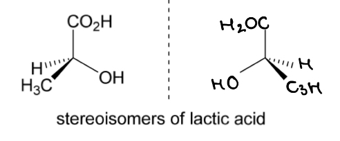 <p>The 2 enantiomers of lactic acid are shown.</p><p>Which one is (S)-lactic acid and which is (R)-lactic acid?</p>