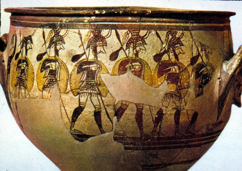 <ul><li><p><span>16 in high</span></p></li><li><p><span>Mycenae c.1200 BCE</span></p></li><li><p><span>krater</span></p></li><li><p><span>soldiers are wearing knee socks, kilts, sheilds, spears and helmets&nbsp;</span></p></li><li><p><span>spears have small bags on them (maybe rations)&nbsp;</span></p></li><li><p><span>Depiction of human form becomes standardized from here on out (profile legs, profile head, frontal body)</span></p></li></ul>