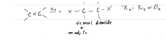 <p>The addition of X<sub>2</sub> to an alkene.</p>