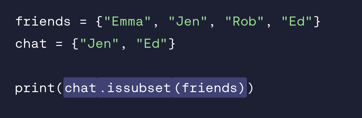<p>You can use the .issubset() function. Where you code potential_subset.issubset(set)</p>