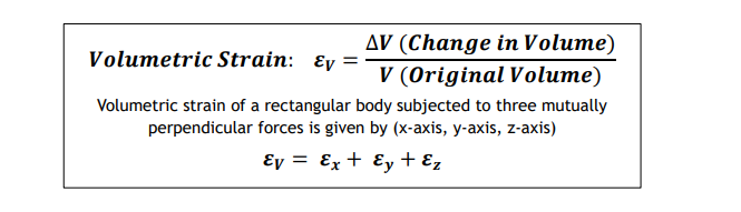 <p>When a body is subjected to a system of forces, it undergoes some changes in its dimensions. In other words, the volume of the body is changed. The ratio of the change in volume to the original volume is known as volumetric strain.</p>