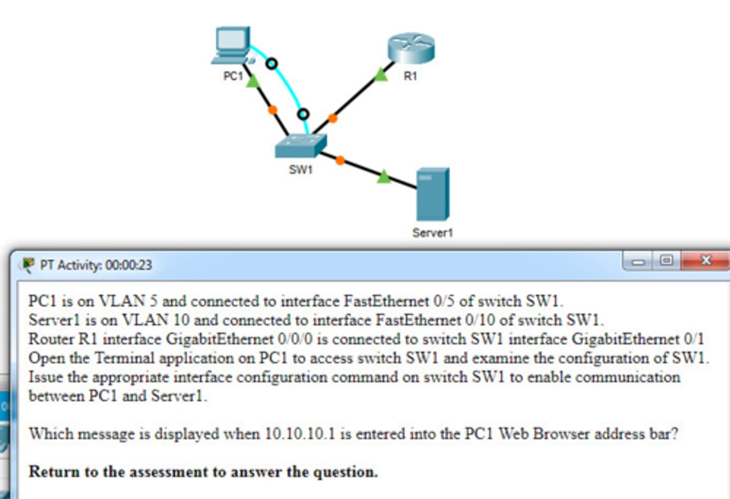 <p>Open the PT Activity. Perform the tasks in the activity instructions and then answer the question. Which message is displayed when 10.10.10.1 is entered into the PC1 Web Browser address bar?</p><p>- Local Server</p><p>- Test Server</p><p>- File Server</p><p>- Cisco Server</p>