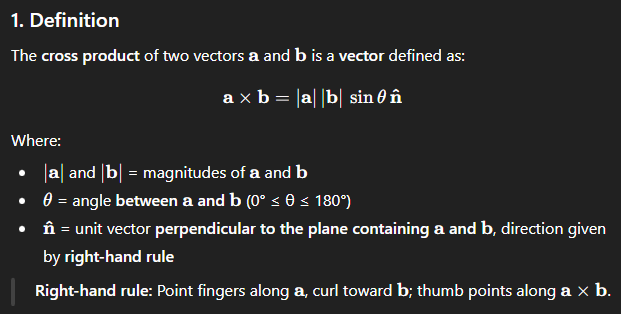 <p>the result of computing cross product with two or three vectors is a vector that’s perpen to both of them</p><p></p>