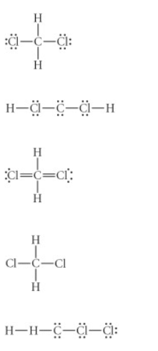 <p>Choose the best Lewis structure for CH<sub>2</sub>Cl<sub>2</sub><br>see attached image for answer options</p>