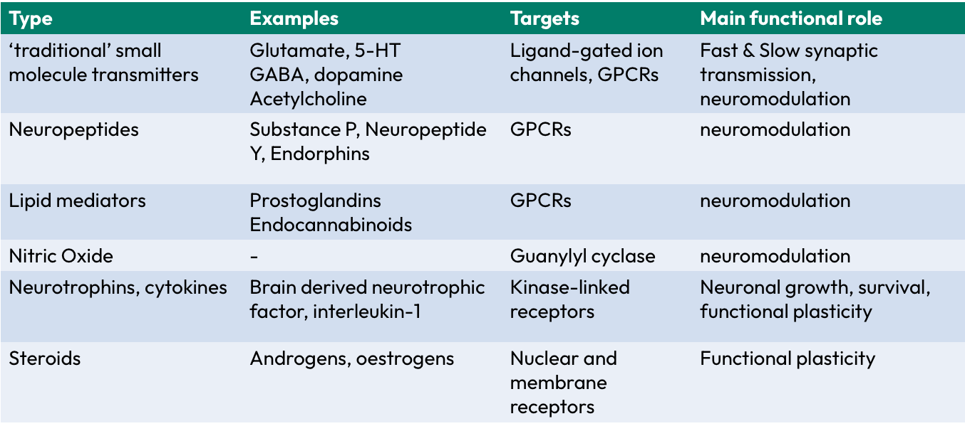 <ol><li><p>Traditional ‘small’ molecule NTs = fast/slow synaptic transmission, neuromodulation too</p></li><li><p>Neuroleptics = neuromodulators</p></li><li><p>Lipid mediators = neuromodulators</p></li><li><p>Nitric oxide = neuromodulators</p></li><li><p>Neurotrophins, cytokines = neuronal growth/survival</p></li><li><p>Steroids = functional plasticity</p></li></ol><p></p>