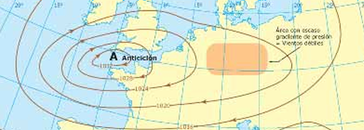 <p>Vientos con <strong>centros de altas presiones</strong>, en el hemisferio norte con dirección horaria. Son <strong>convergentes</strong> en altura y <strong>divergentes</strong> en superficie, ya que las masas de aire de alta presiones al tocar tierra no pueden atravesarla y tienen que divergir.</p><p>El aire es frío y seco, con cielos despejados. Se representa mediante la letra H o A.</p>