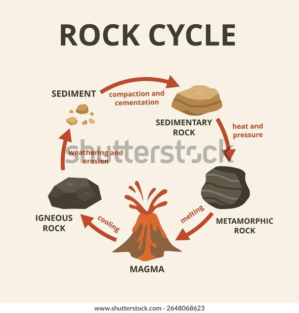 <p>A continuous process where <strong>igneous, sedimentary, and metamorphic rocks</strong> transform into each other through <strong>melting &amp; crystallization</strong>, <strong>weathering/erosion &amp; deposition + lithification</strong>, and <strong>heat/pressure (metamorphism)</strong>—driven by Earth’s internal heat and surface processes.</p>