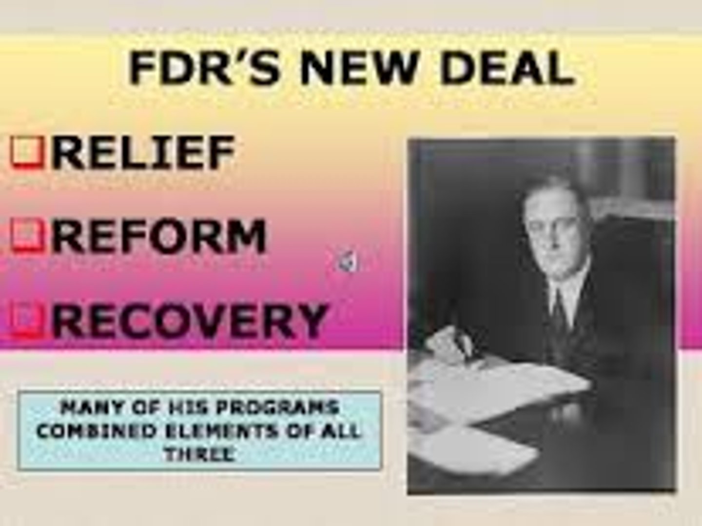 <p>the ideas that FDR came up with and that Congress approved to help solve the problems of the Great Depression</p>