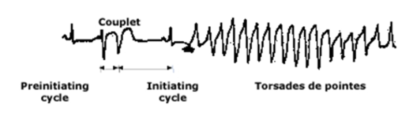 <p>Characterized by continuously changing axis of polymorphic QRS morphologies</p><p>A short, preinitiating RR interval, due to a ventricular couplet</p><p>Followed by a long, initiating cycle, due to compensatory pause after the couplet</p>