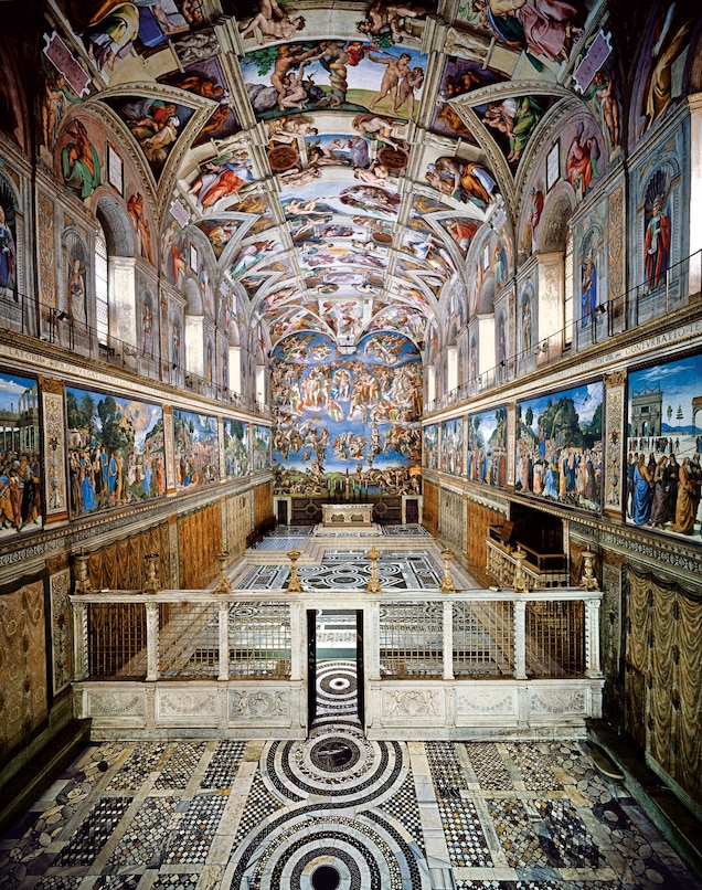 * Very detailed and complicated arrangement when you first look at it, but is divided in terms of story lines
* Typological narratives: as we get closer to the end wall the people depicted become ‘more’ sacred/closer to Christ and God and leading us away from sin
* Ceiling depicts events from the book of genesis, which leads us to the last judgment on the far wall
* A circular conception of time and salvation, gives us a position on the model of time