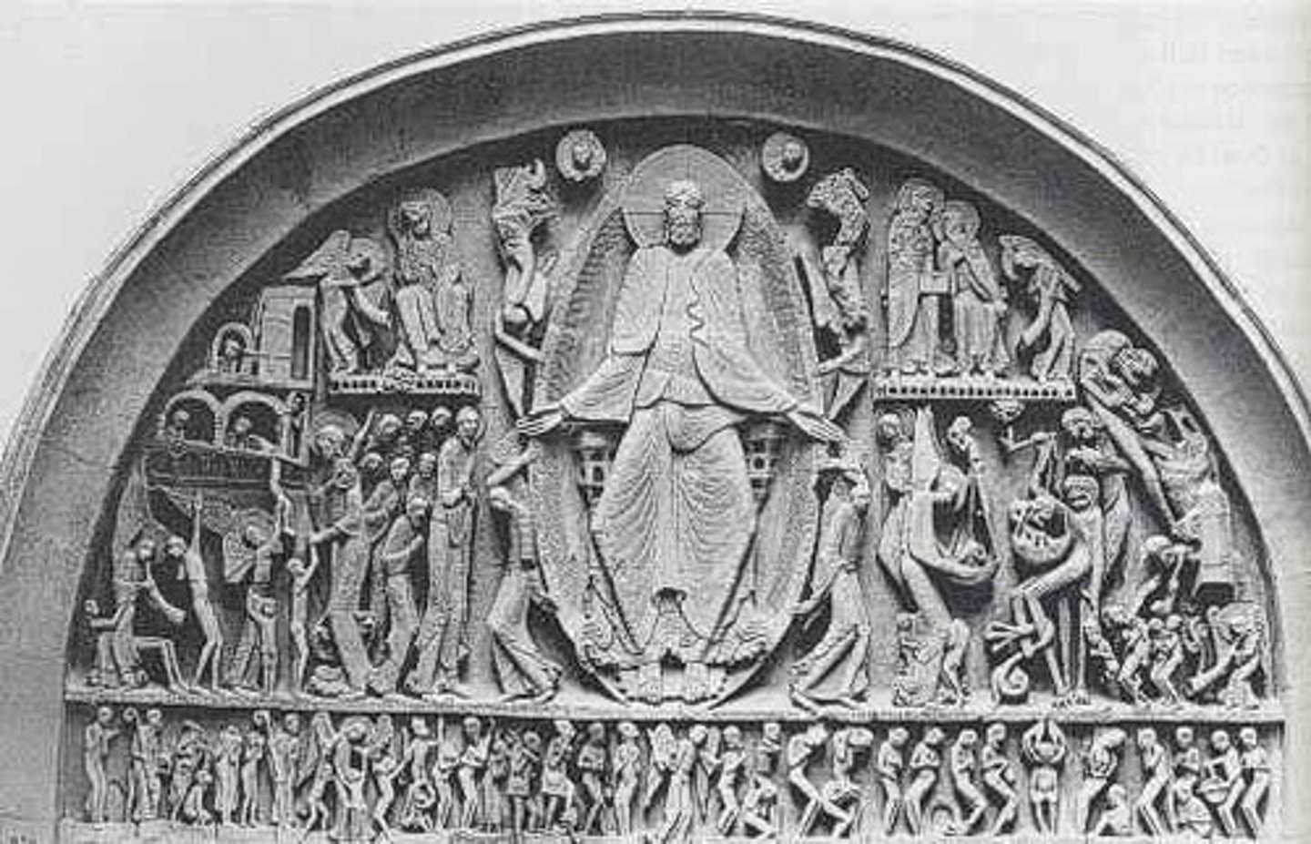 <p>the triangular-shaped space above a doorway, inside the arch, that is decorated with relief sculpture. These are typically found above the main entrances of medieval churches and serve an artistic and educational purpose for worshippers, often depicting religious scenes like the Last Judgment.</p>