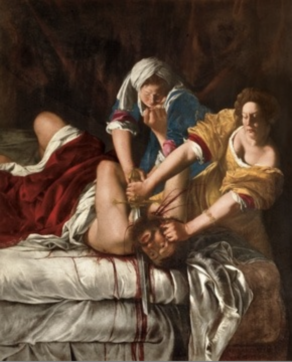 * Example of Caravaggio's effect on art with the tenebrism used in the painting
* Very gruesome, shows a real struggle and intention in cutting off the head (compared to Caravaggios where Judith seems more dainty and almost shocked she's commit g this act)
* Story depicted speaks to Gentileschi’s experience (although she should be remembered for more than just the tragedy that struck her/her father)
* The title speaks to the intention (slaying rather than killing, truly shows anger) and well as the angered expression of Judith